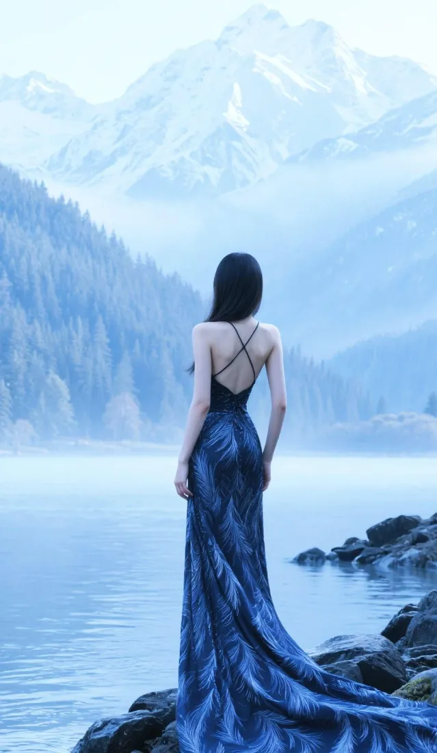 蓝裙露背美女手机壁纸｜湖山雾景背景图片 - 清冷氛围感「哲风壁纸」