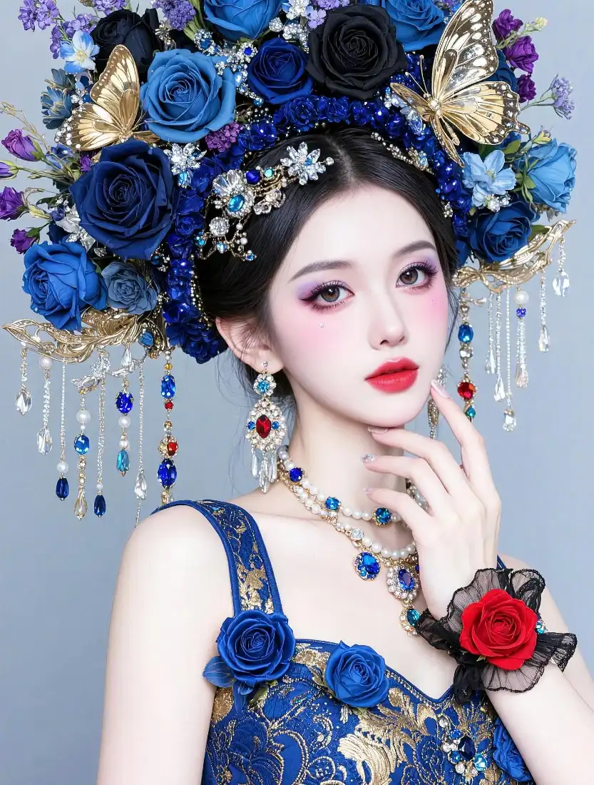 蓝玫瑰发冠美女手机壁纸｜华丽国风写真背景图片 - 冷艳氛围感「哲风壁纸」