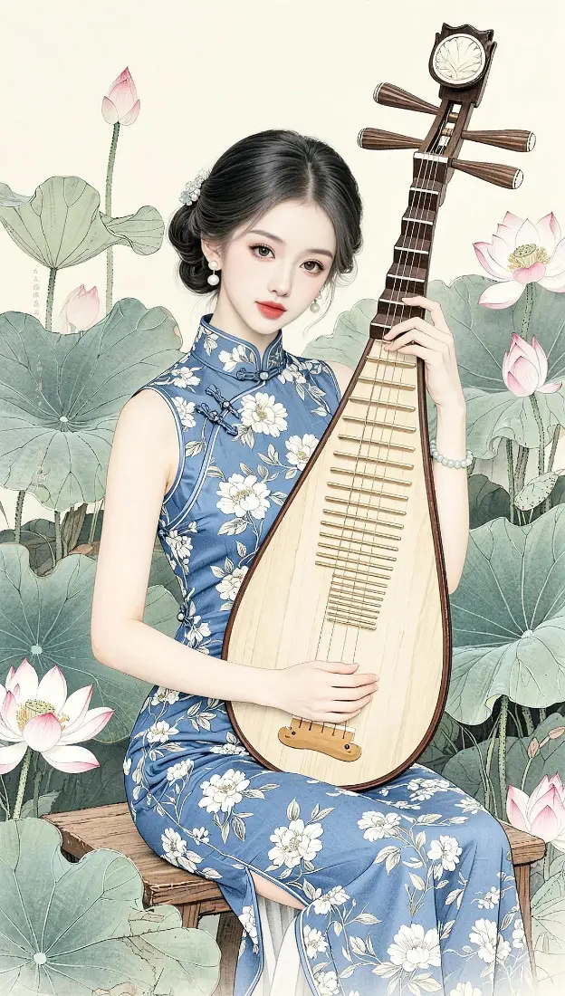 旗袍仕女手机壁纸｜荷间抱琵琶背景图片 - 国风古典雅致美人「哲风壁纸」