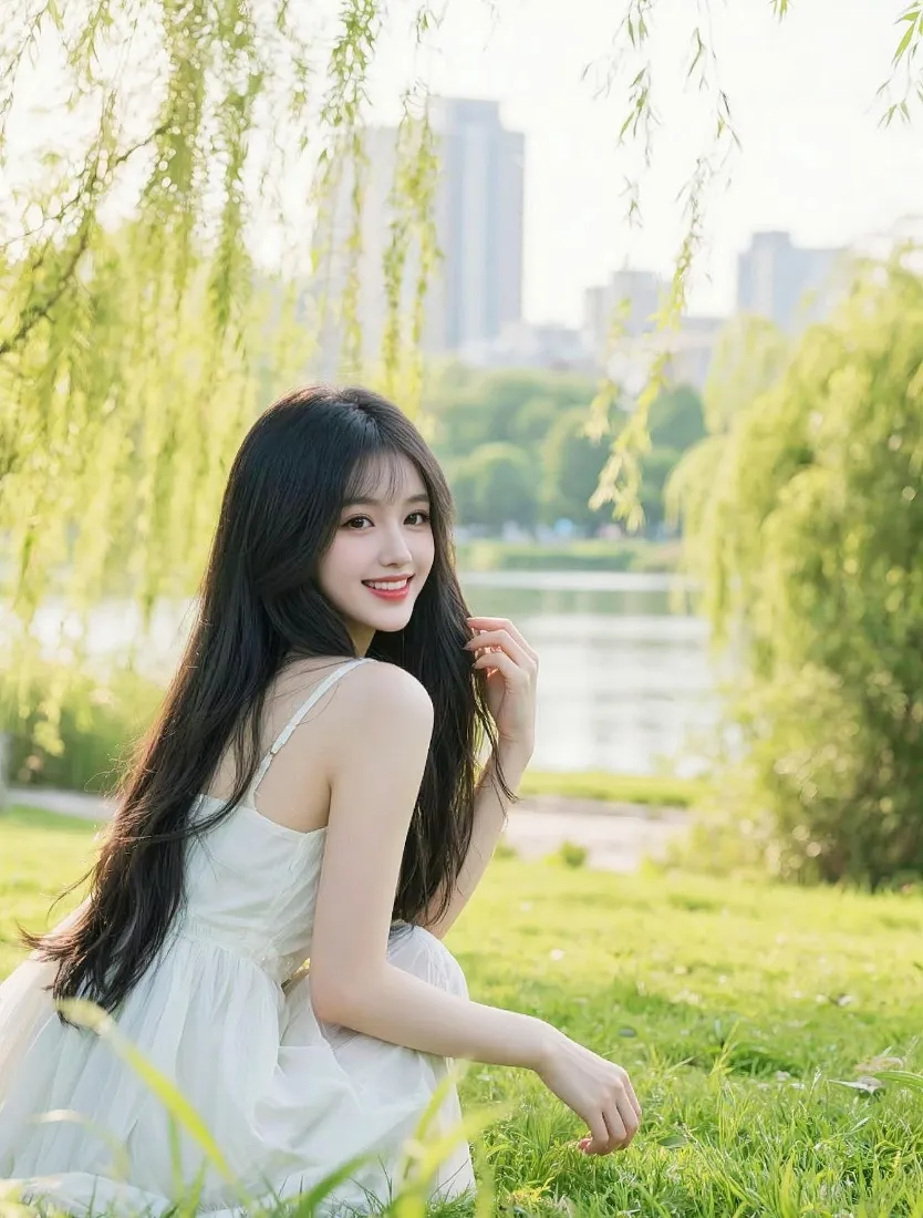 清纯美女手机壁纸｜户外草地背景图片 - 白裙长发女生「哲风壁纸」