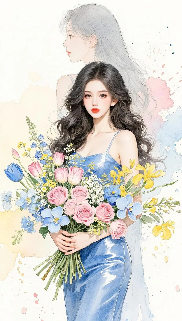 捧花长裙美女手机壁纸｜水彩手绘背景图片 - 清新治愈「哲风壁纸」
