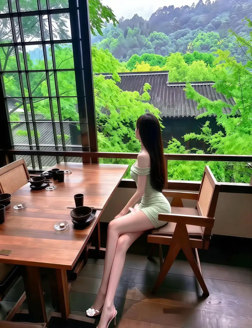 窗边绿裙美女｜餐厅背景图片 - 山景绿林氛围感「哲风壁纸」