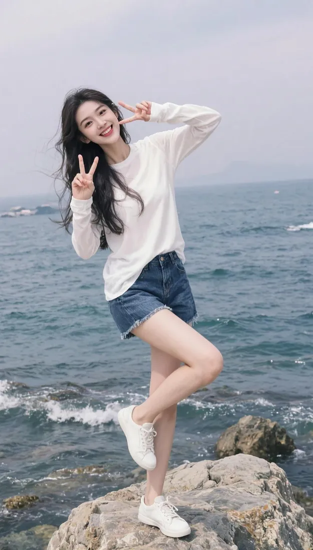海边甜妹手机壁纸|海边礁石背景图片 - 比耶元气少女写真「哲风壁纸」 海边甜妹手机壁纸|海边礁石背景图片 - 比耶元气少女写真「哲风壁纸」