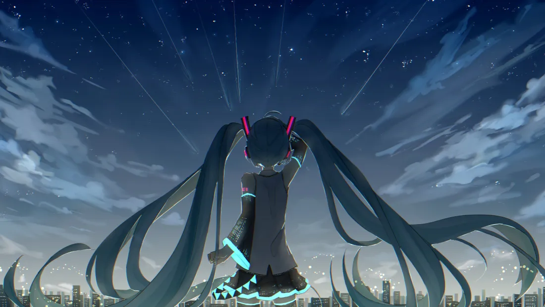 4k初音未来壁纸｜星空流星背景图片 - 城市天际线少女背影「哲风壁纸」