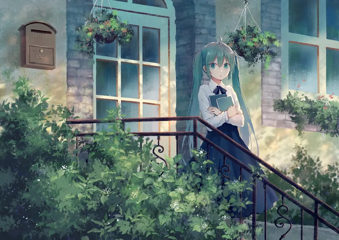 2k初音未来壁纸｜庭院石阶背景图片 - 绿植洋房抱书少女「哲风壁纸」