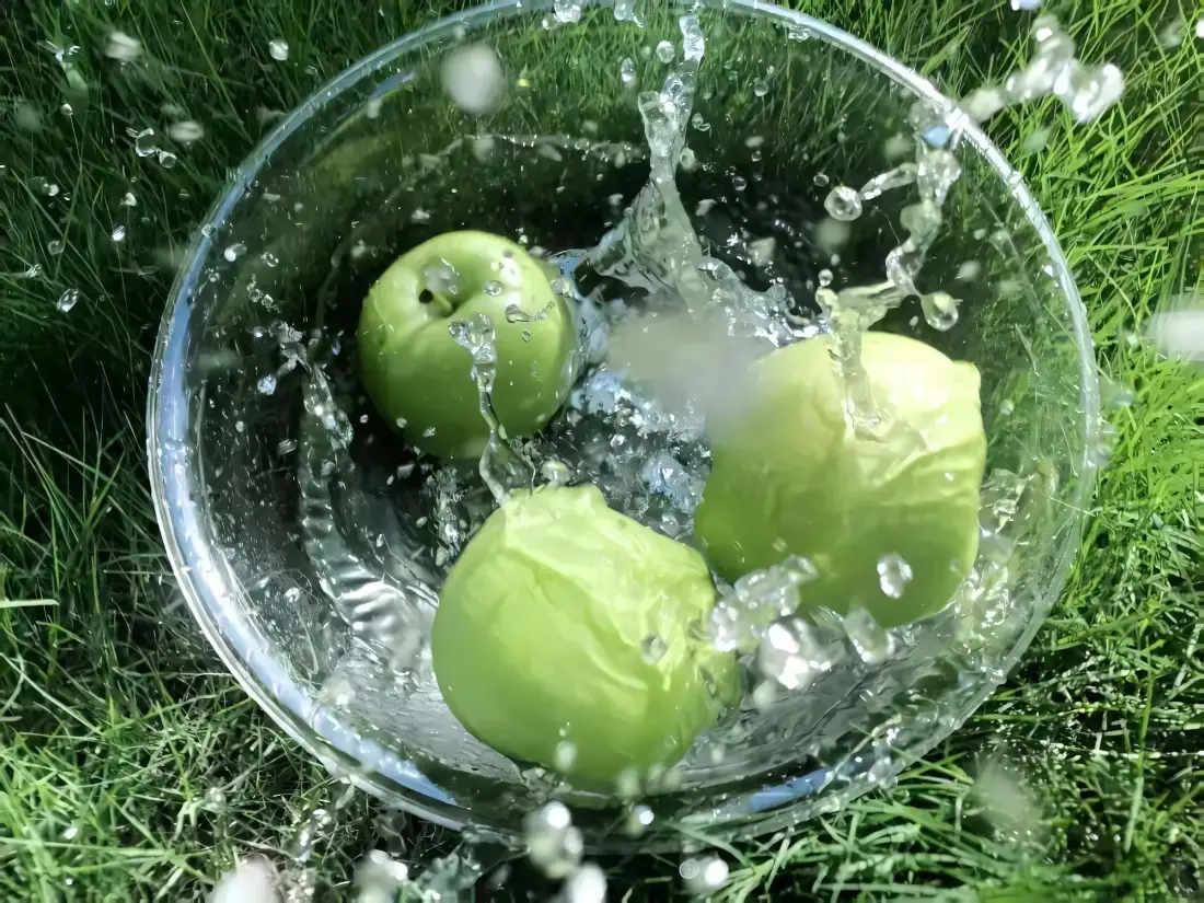 2k青苹果壁纸｜草地玻璃碗背景图片 - 清水飞溅「哲风壁纸」