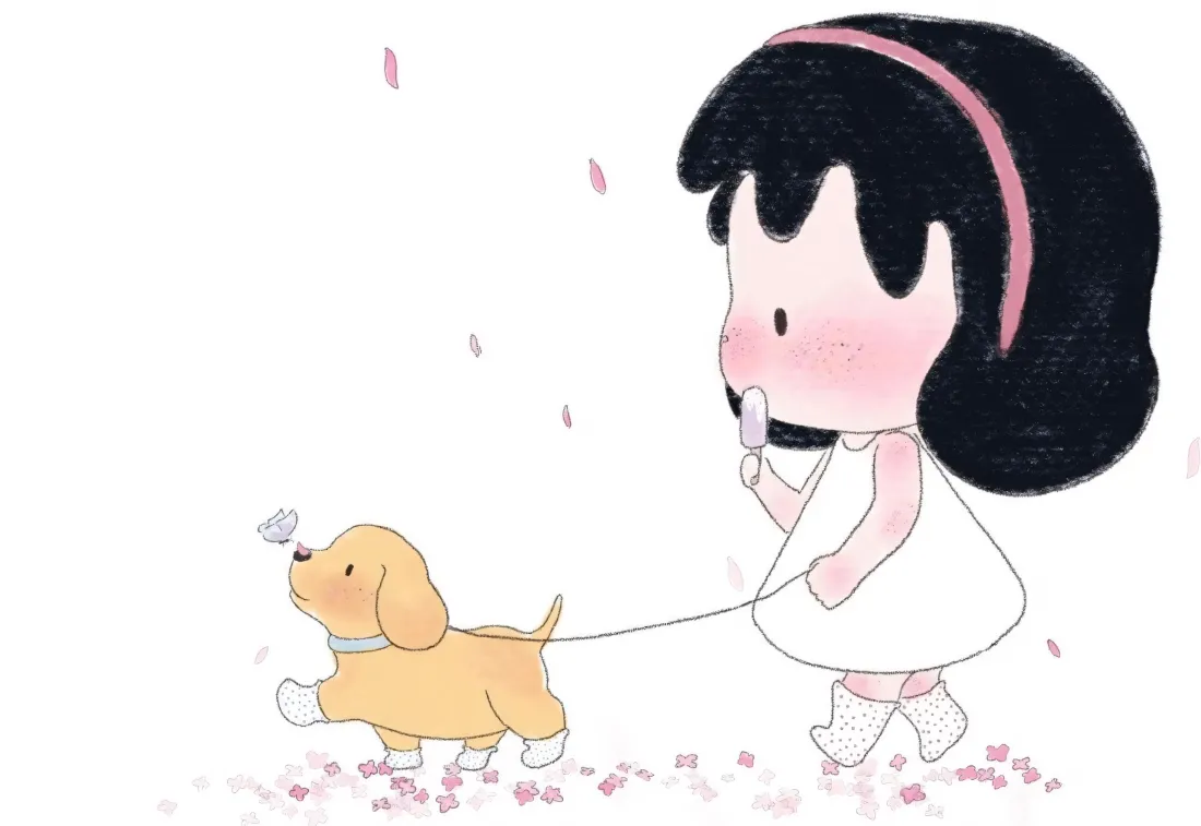 3k女孩遛狗壁纸｜简约清新背景图片 - 卡通可爱治愈插画「哲风壁纸」