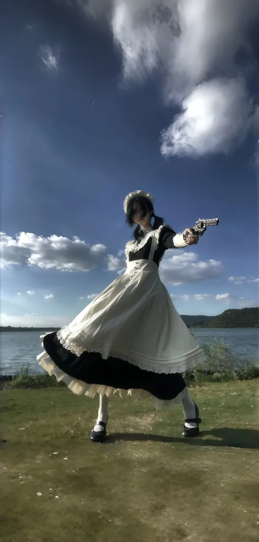 长裙女仆装美女手机壁纸|湖边草地背景图片 - 蓝天白云户外写真「哲风壁纸」 长裙女仆装美女手机壁纸|湖边草地背景图片 - 蓝天白云户外写真「哲风壁纸」