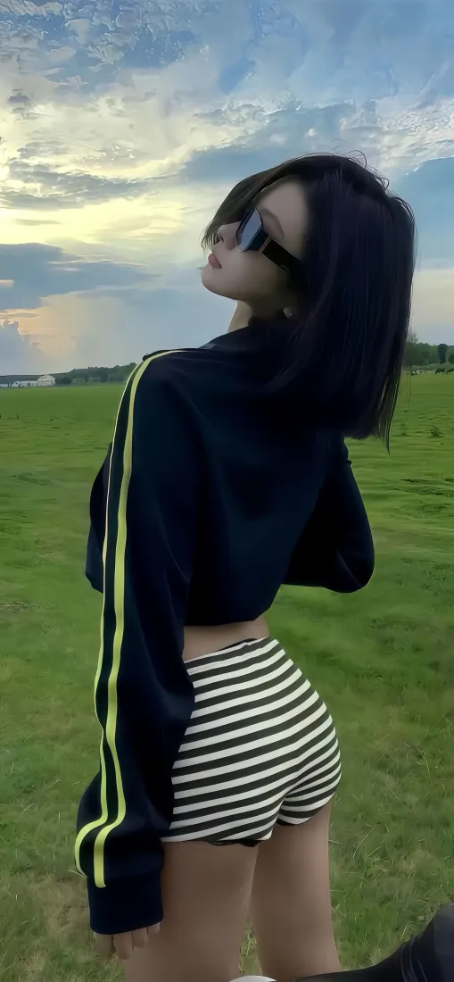 酷飒美女手机壁纸｜草地蓝天背景图片 - 黑外套墨镜穿搭「哲风壁纸」