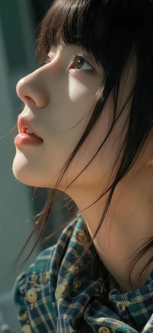 治愈少女手机壁纸｜侧脸阳光背景图片 - 齐刘海格衫温柔氛围「哲风壁纸」