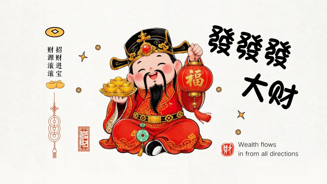 6kQ版财神｜发财祈福背景图片 - 红袍金元宝喜庆插画「哲风壁纸」