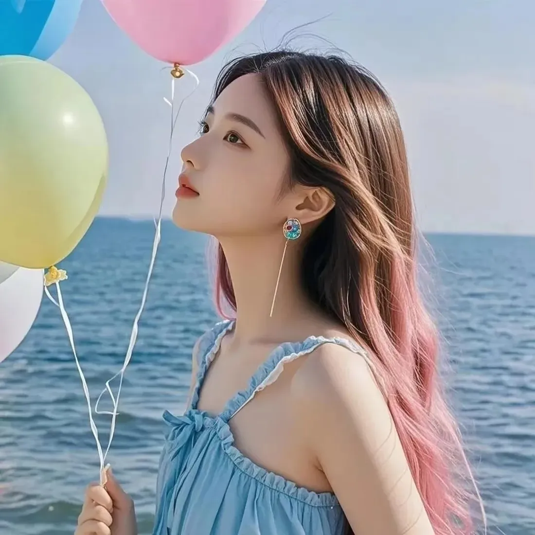 海边少女手机壁纸｜蓝裙粉发背景图片 - 手持气球海边人像「哲风壁纸」