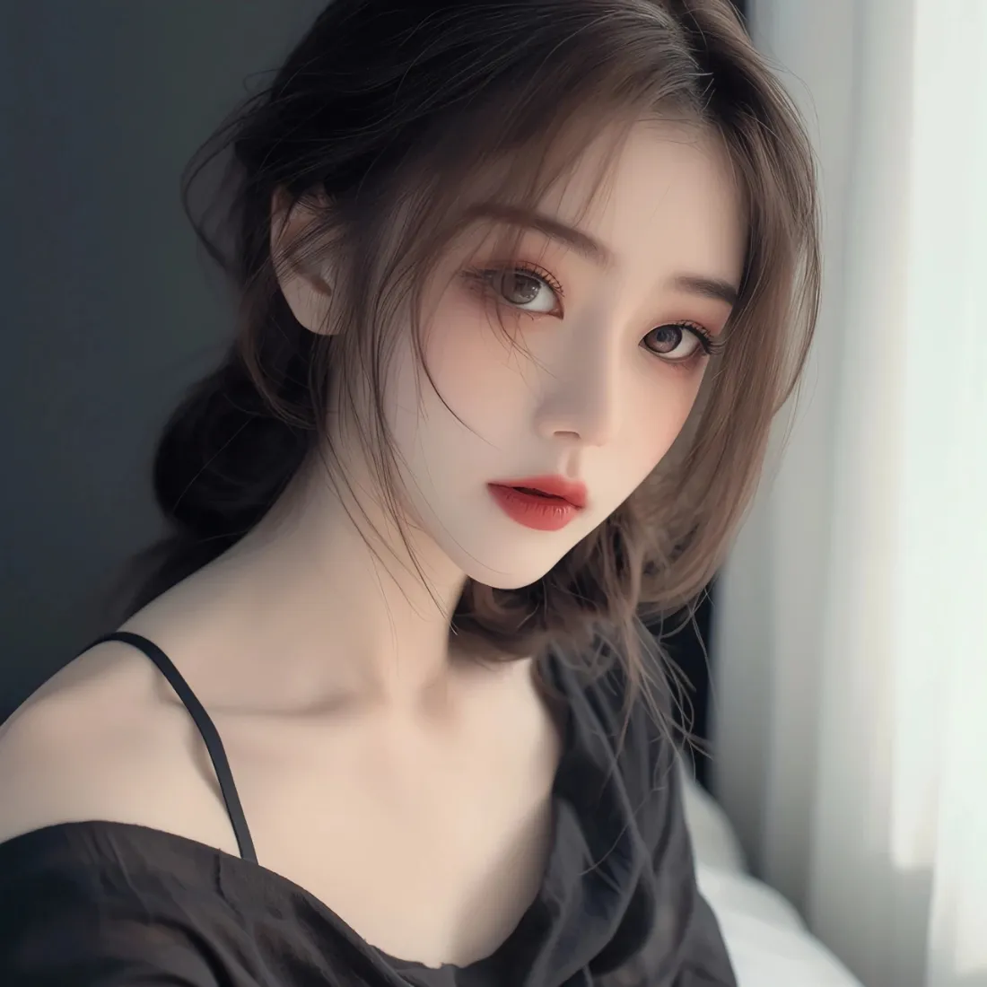 AI美女手机壁纸｜冷调御姐背景图片 - 黑色吊带氛围感人像「哲风壁纸」