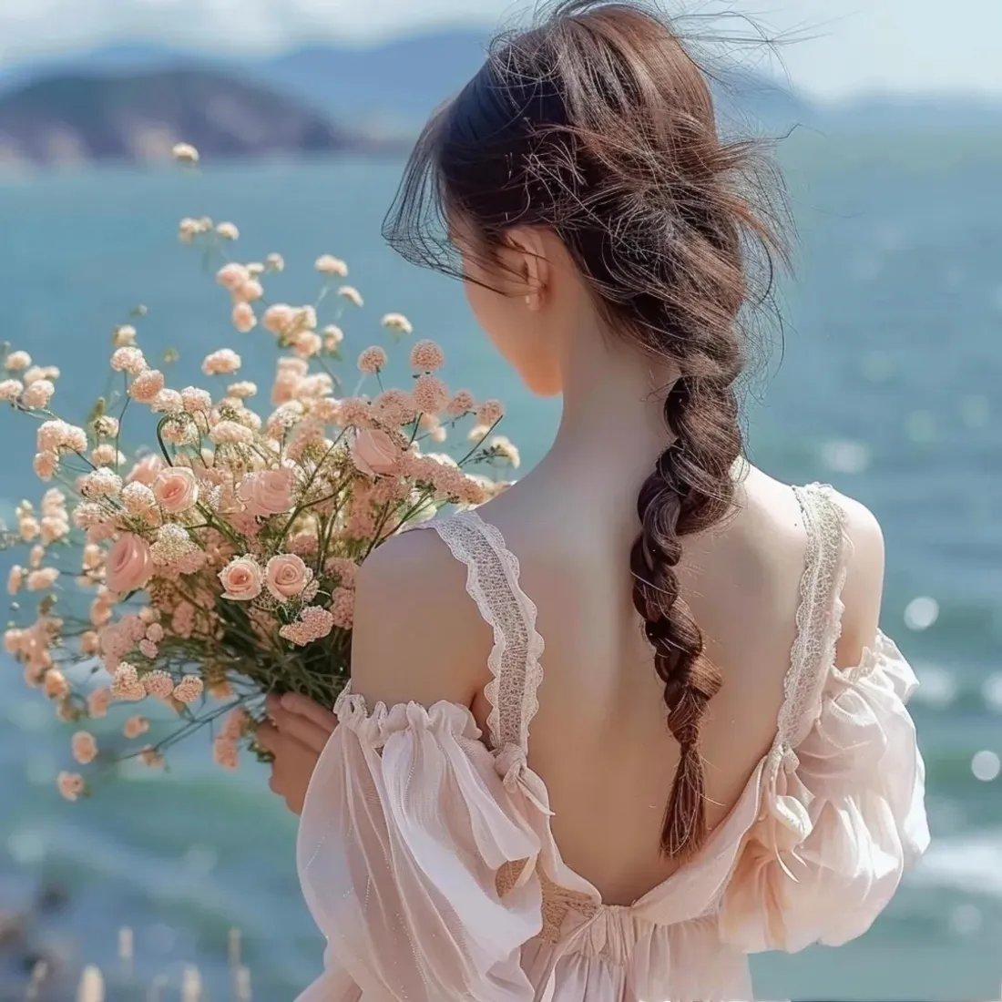 海边捧花少女手机壁纸|背影背景图片 - 露背麻花辫氛围感「哲风壁纸」 海边捧花少女手机壁纸|背影背景图片 - 露背麻花辫氛围感「哲风壁纸」