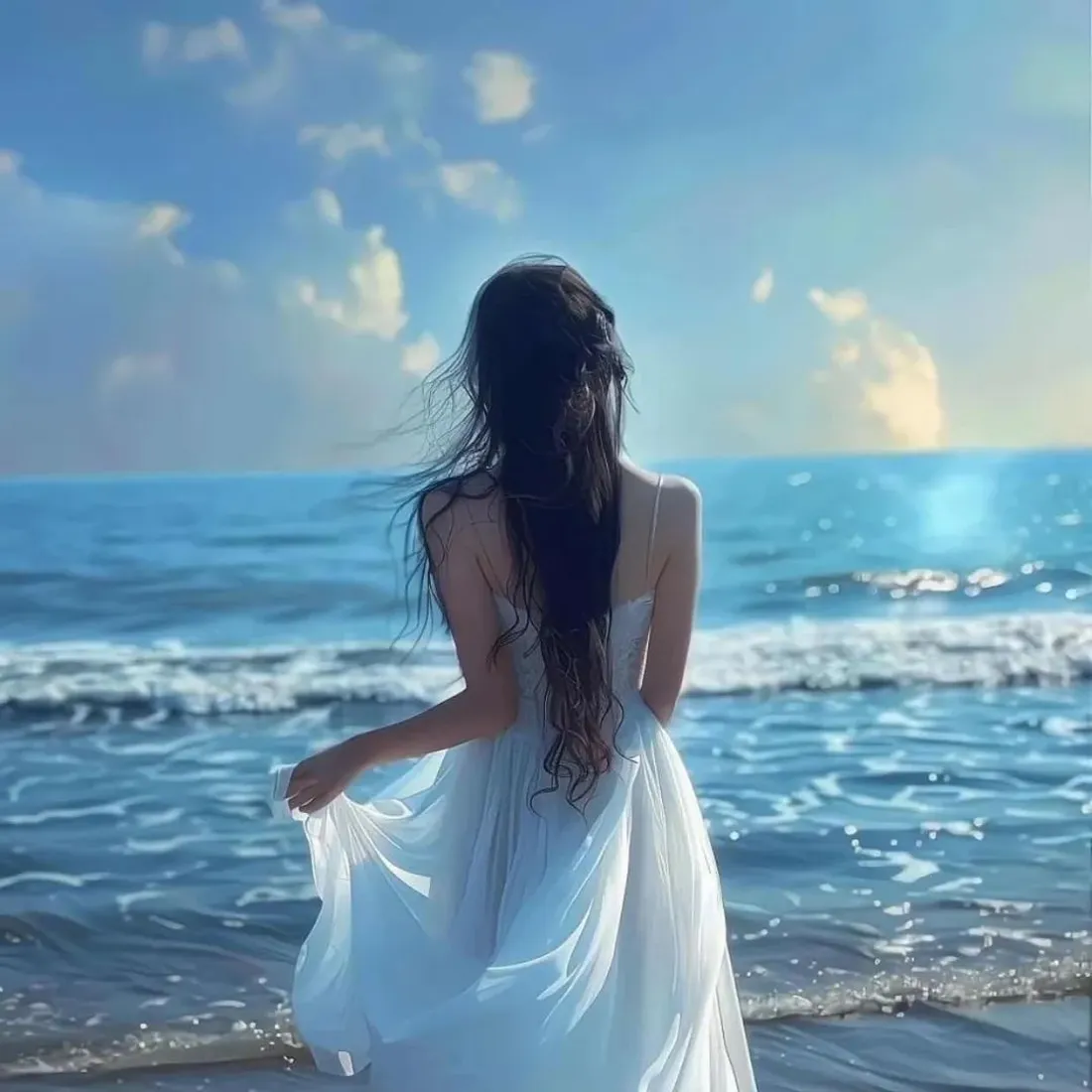 白裙少女手机壁纸｜海边背景图片 - 长发女生海边背影「哲风壁纸」