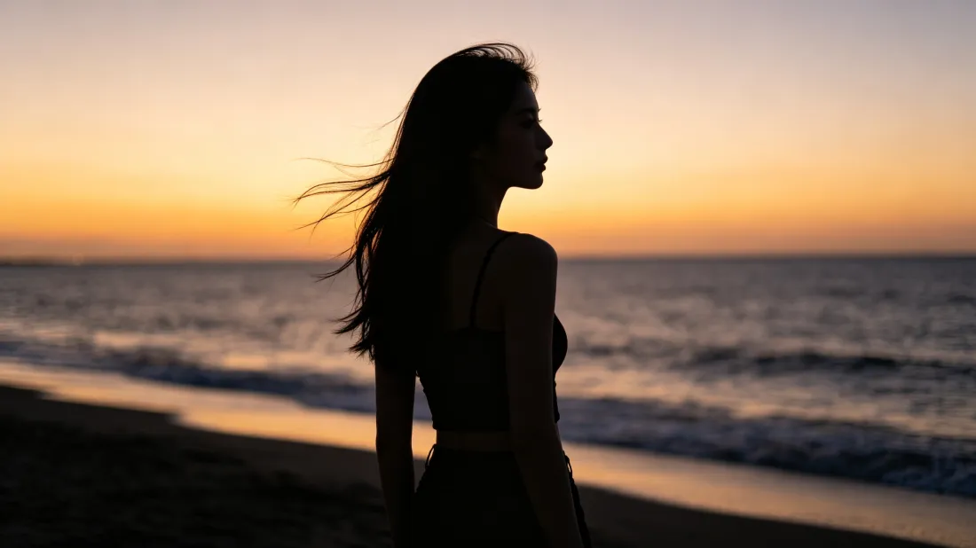 3k海边美女壁纸｜黄昏海景背景图片 - 长发女性剪影「哲风壁纸」