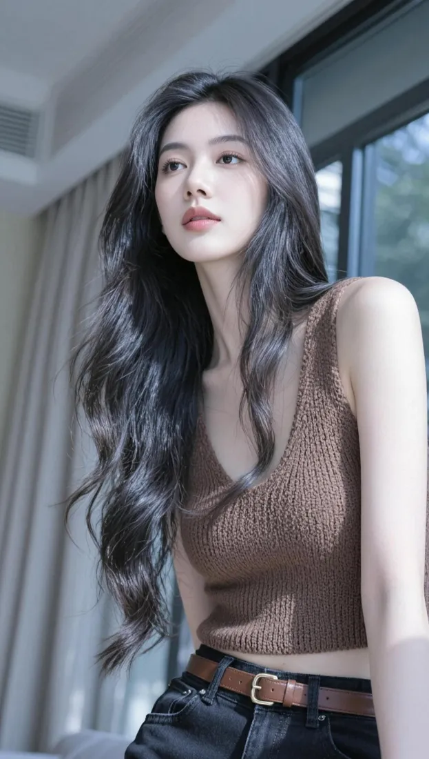 长发美女手机壁纸|室内窗边背景图片 - 棕色针织背心穿搭「哲风壁纸」 长发美女手机壁纸|室内窗边背景图片 - 棕色针织背心穿搭「哲风壁纸」
