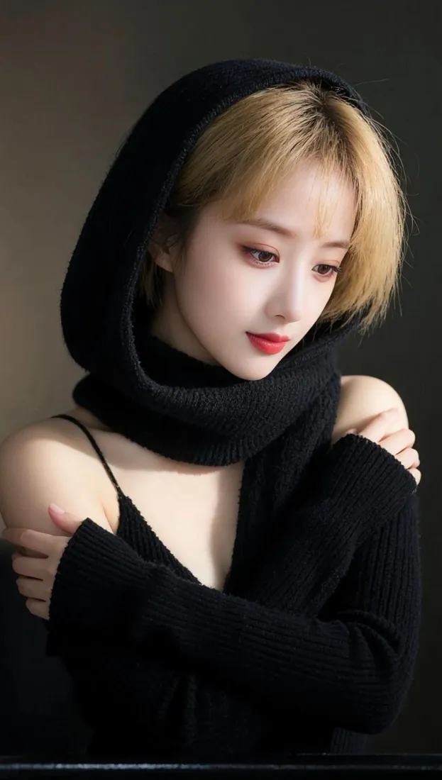 金发美女手机壁纸｜黑色连帽穿搭背景图片 - 氛围感写真「哲风壁纸」