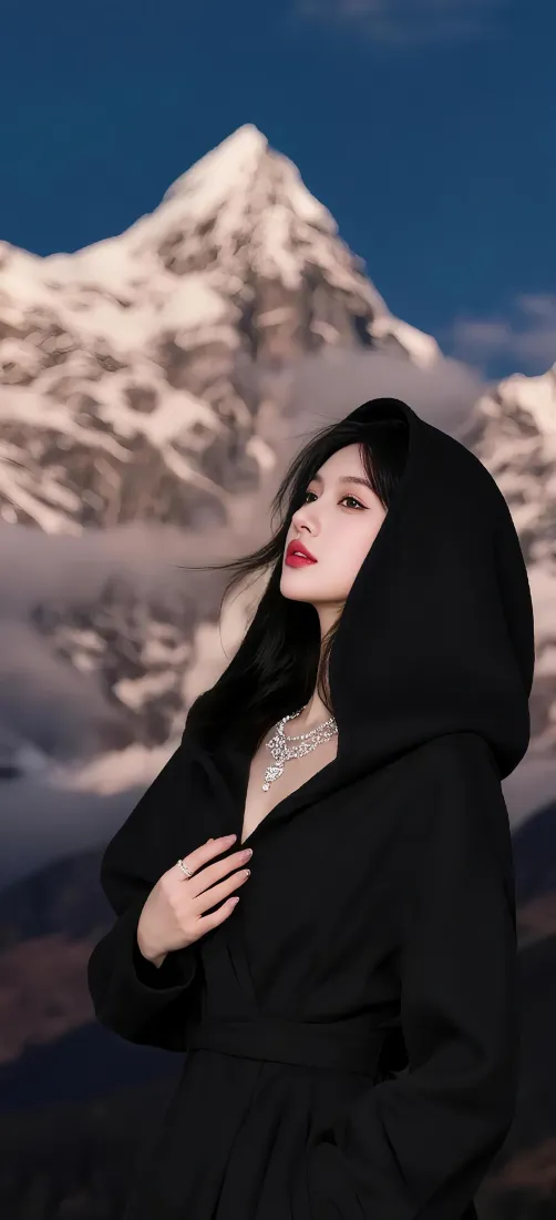 雪山美女手机壁纸｜户外旅拍背景图片 - 黑色连帽外套氛围感「哲风壁纸」
