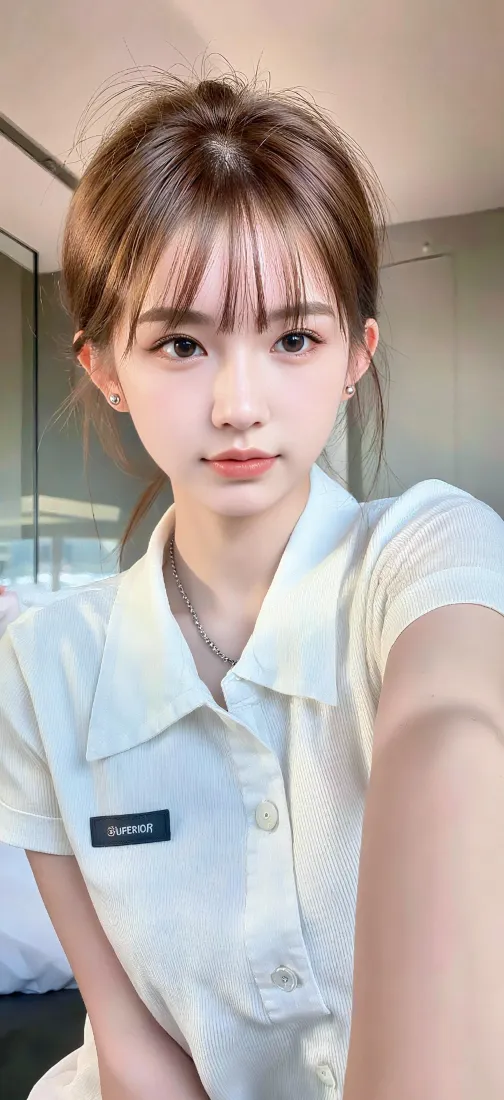 甜妹少女手机壁纸｜室内自拍背景图片 - 白衬衫棕发「哲风壁纸」