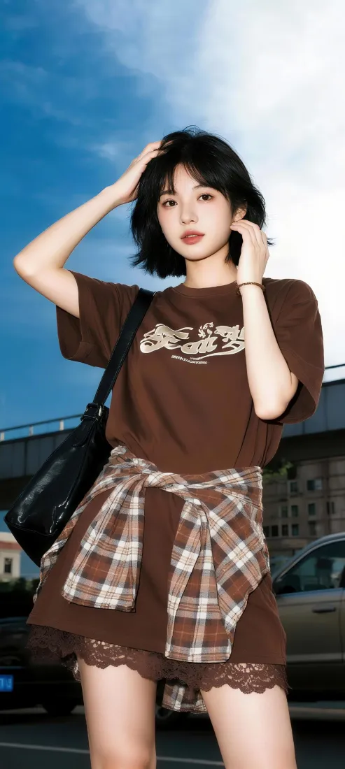 短发女生手机壁纸｜户外街拍背景图片 - 棕色休闲穿搭「哲风壁纸」
