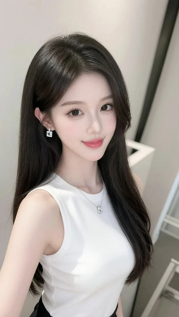 长发美女自拍手机壁纸｜白色无袖上衣背景图片 - 温柔精致「哲风壁纸」