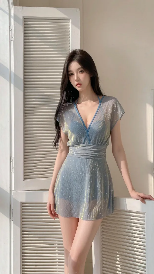蓝裙美女手机壁纸｜室内光影背景图片 - 黑长发V领短裙「哲风壁纸」