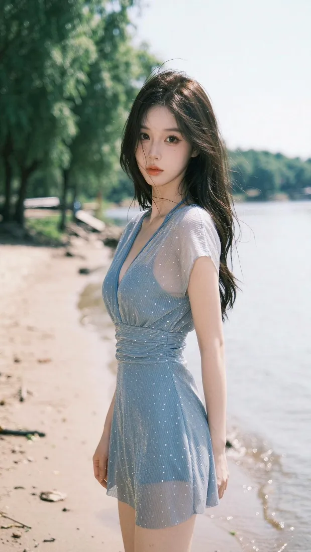 蓝裙美女｜沙滩海边背景图片 - 夏日清新户外写真「哲风壁纸」