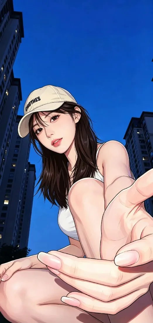 鸭舌帽少女手机壁纸｜城市蓝天背景图片 - 伸手托举插画「哲风壁纸」