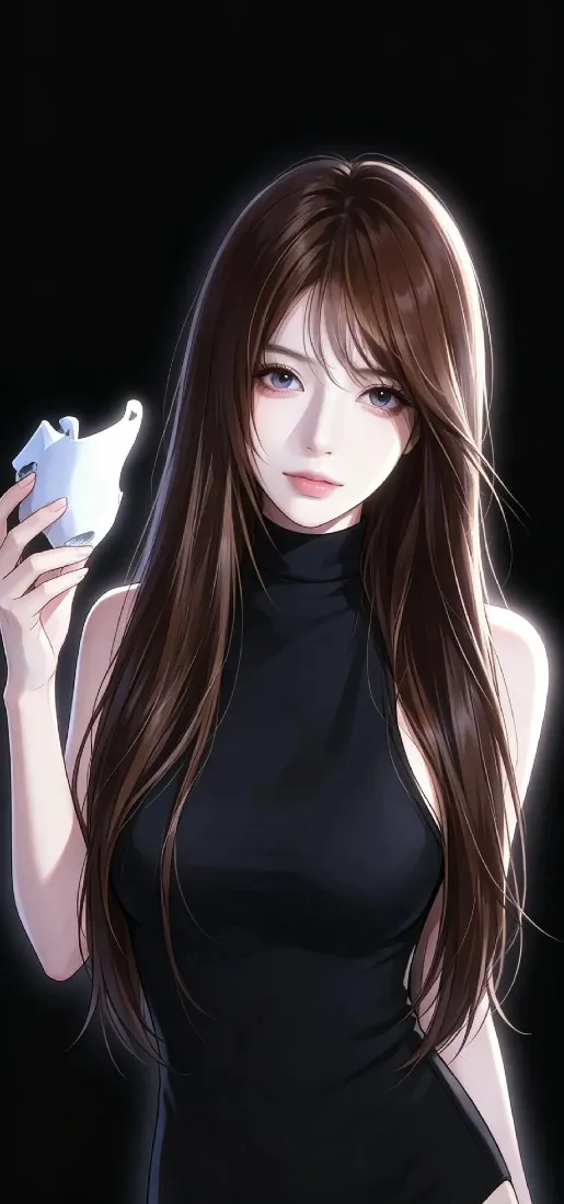 棕发少女手机壁纸｜黑色背景图片 - 手持面具黑衣女生「哲风壁纸」