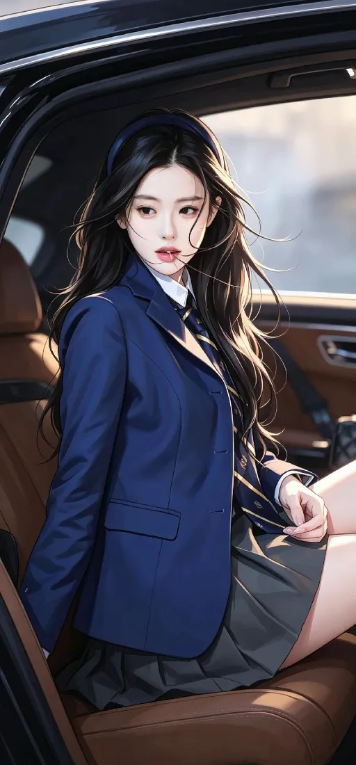 JK制服少女手机壁纸｜车内背景图片 - 蓝西装长发「哲风壁纸」