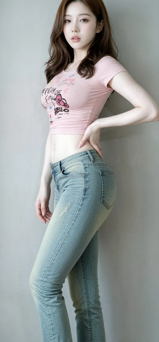 粉T恤牛仔裤美女手机壁纸｜室内写真背景图片 - 修身穿搭「哲风壁纸」