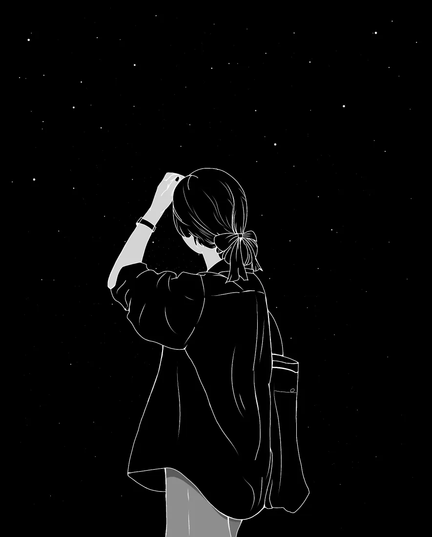 马尾女孩手机壁纸｜星空背景图片 - 黑白线稿挂包插画「哲风壁纸」