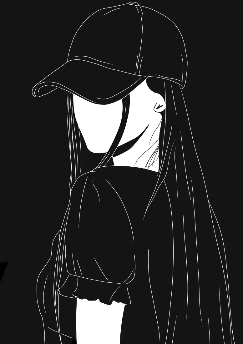 戴帽长发女孩手机壁纸｜黑白线稿背景图片 - 简约酷飒风插画「哲风壁纸」