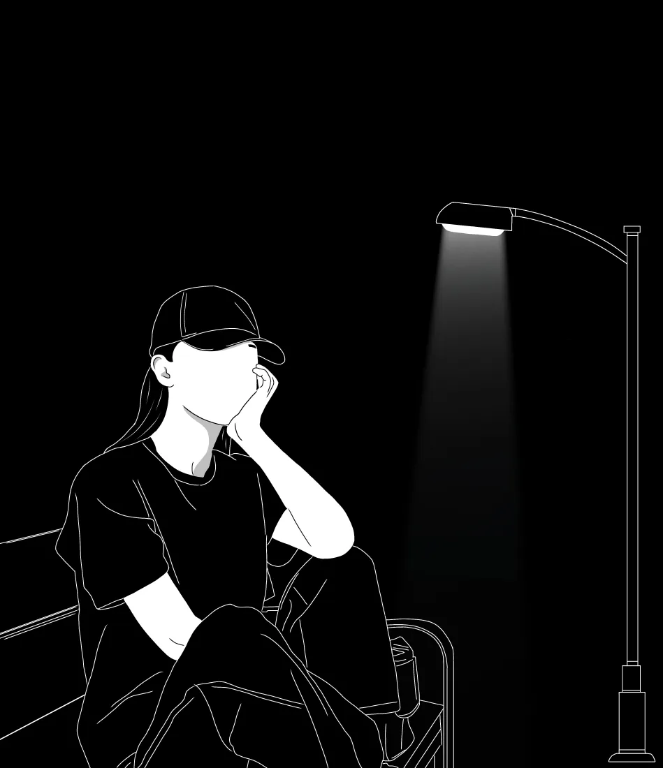 托腮女孩手机壁纸｜路灯下长椅背景图片 - 黑白简约插画「哲风壁纸」