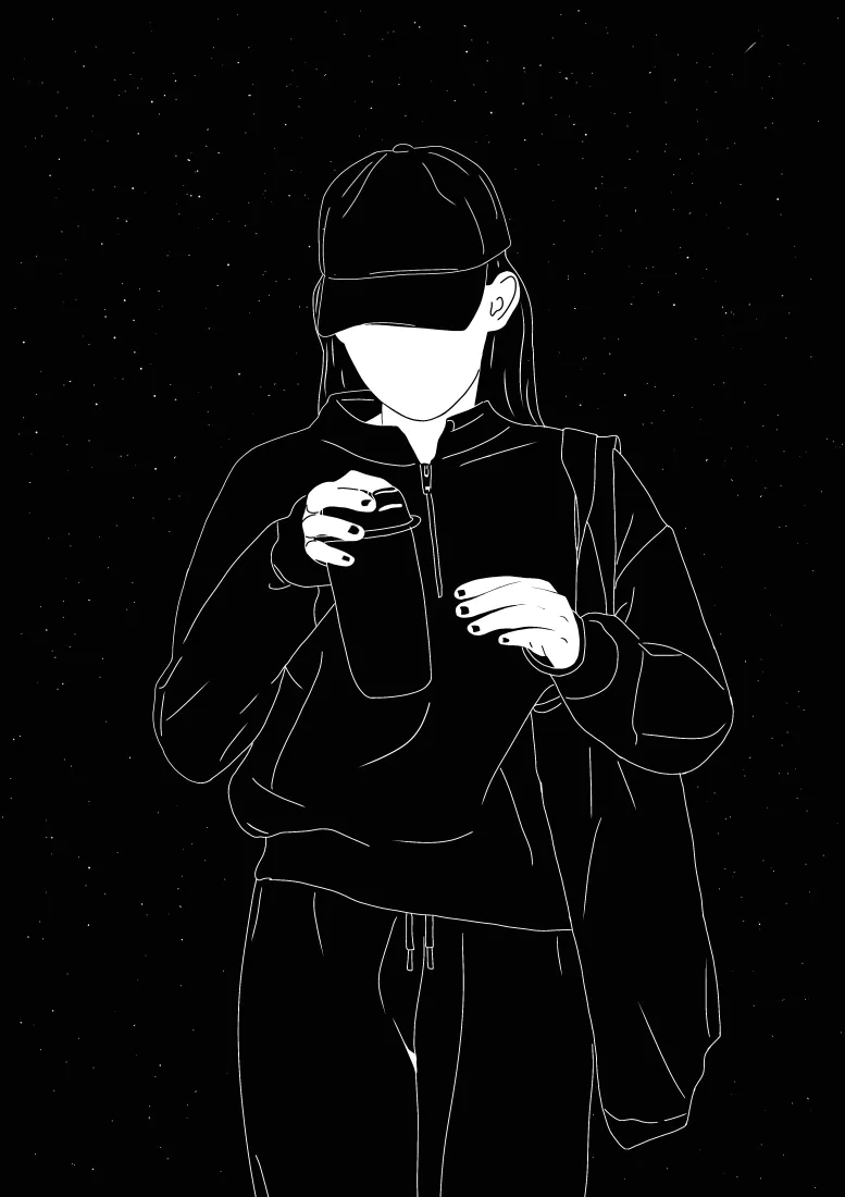 戴帽女孩手机壁纸｜黑白线稿背景图片 - 酷飒穿搭人像插画「哲风壁纸」