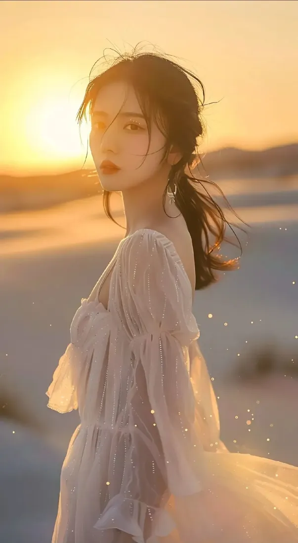 海边美女手机壁纸｜日落背景图片 - 白裙氛围感写真「哲风壁纸」
