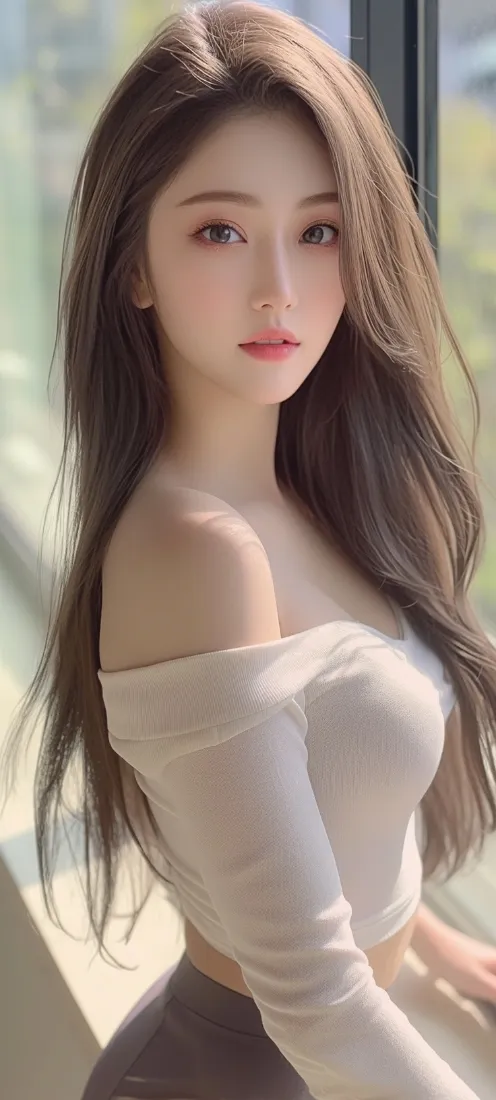 AI美女手机壁纸｜窗边室内背景图片 - 露肩白衣长发温柔人像「哲风壁纸」