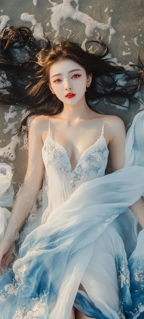 海边美女手机壁纸｜沙滩躺卧背景图片 - 蓝白吊带裙湿发写真「哲风壁纸」