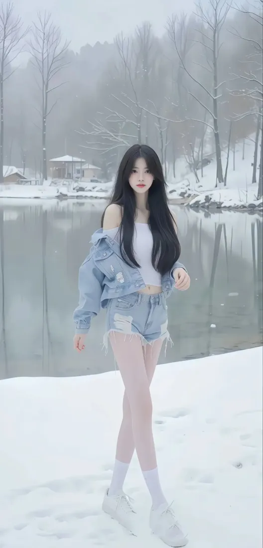 雪景美女手机壁纸｜冬日湖边背景图片 - 黑长发牛仔穿搭「哲风壁纸」