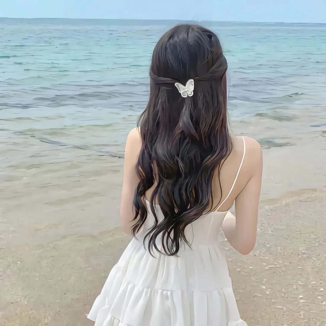 白裙女生背影手机壁纸|海边沙滩背景图片 - 长发蝴蝶发夹「哲风壁纸」 白裙女生背影手机壁纸|海边沙滩背景图片 - 长发蝴蝶发夹「哲风壁纸」