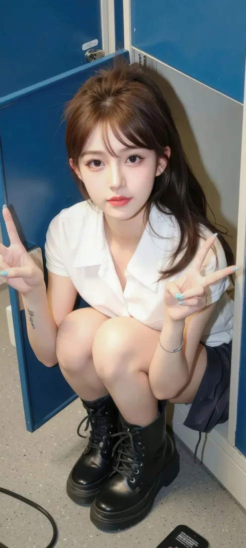 可爱美少女手机壁纸|白衬衫穿搭背景图片 - 蹲姿比耶甜酷造型「哲风壁纸」 可爱美少女手机壁纸|白衬衫穿搭背景图片 - 蹲姿比耶甜酷造型「哲风壁纸」