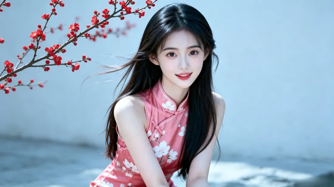 3k粉旗袍美女壁纸｜红梅海边背景图片 - 国风温婉人像「哲风壁纸」