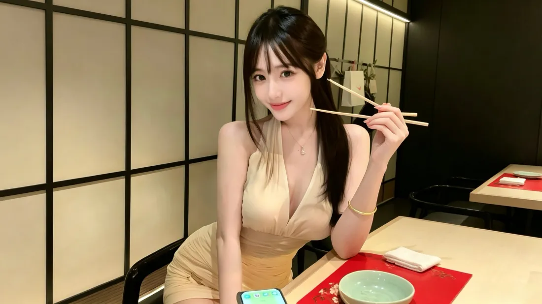 3k甜妹美女壁纸｜日料店用餐背景图片 - 黑长直浅米色挂脖裙「哲风壁纸」