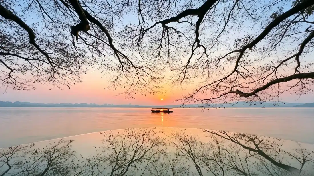 3k西湖日出|湖面背景图片 - 树枝框景小船倒影「哲风壁纸」 3k西湖日出|湖面背景图片 - 树枝框景小船倒影「哲风壁纸」