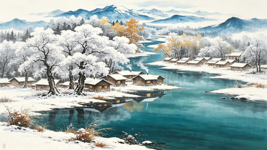 3k冬日雪乡雪景|河畔木屋背景图片 - 雾凇青山碧水村落「哲风壁纸」 3k冬日雪乡雪景|河畔木屋背景图片 - 雾凇青山碧水村落「哲风壁纸」