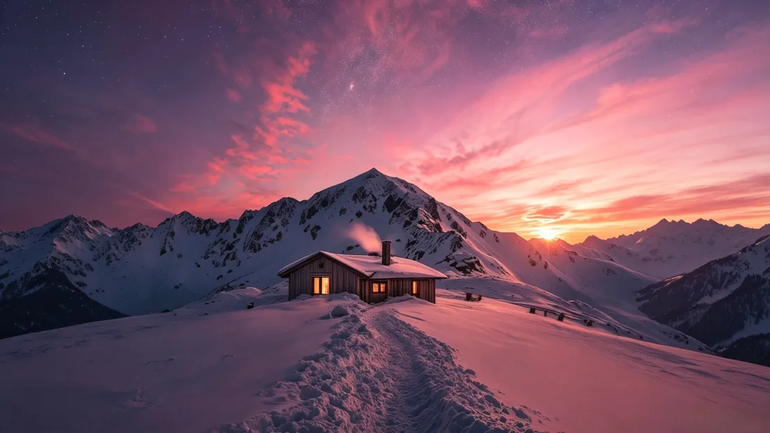 3k雪山小屋壁纸｜日落晚霞背景图片 - 冬日治愈风景「哲风壁纸」