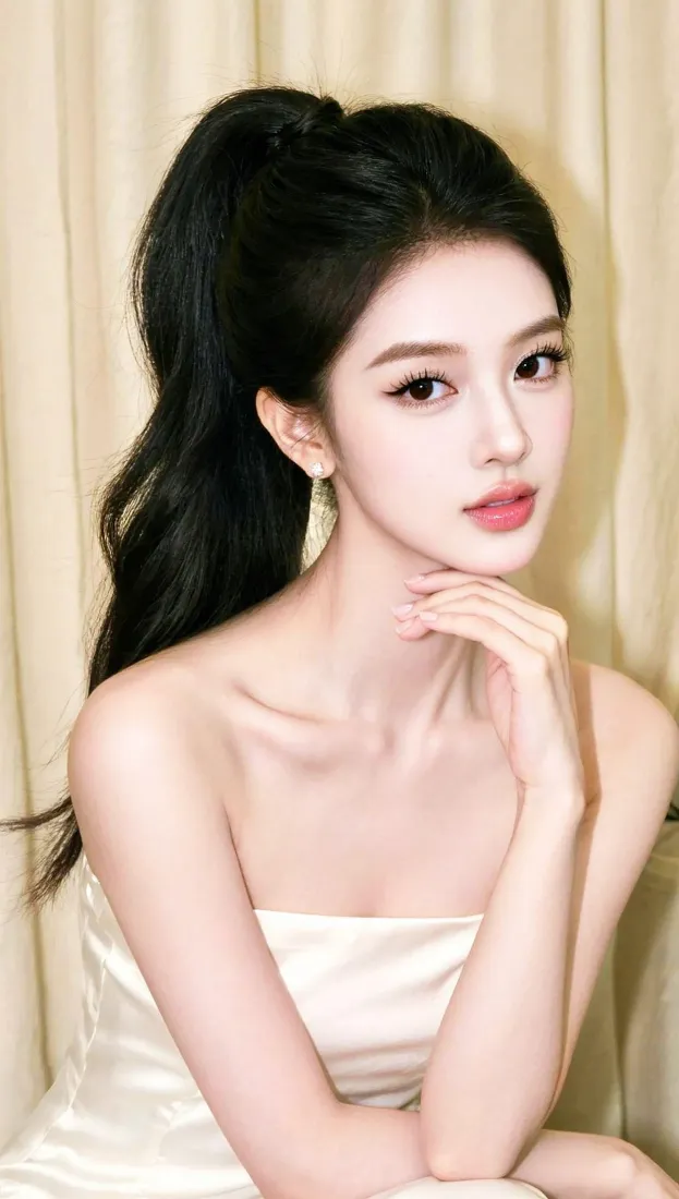 清冷感美女手机壁纸｜白色抹胸造型 - 高马尾优雅人像背景图片「哲风壁纸」