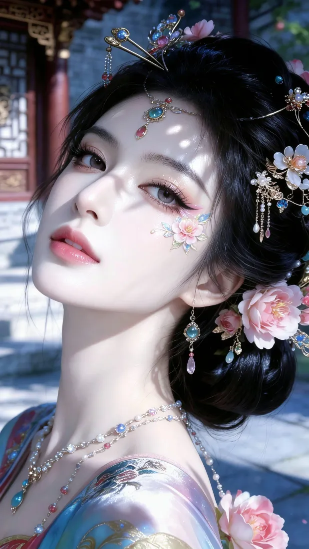 古风仕女手机壁纸｜庭院花钿背景图片 - 牡丹簪花「哲风壁纸」
