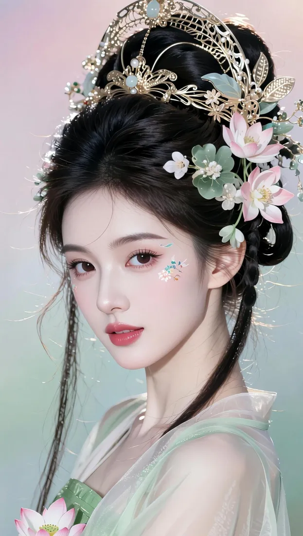 古风汉服美人手机壁纸｜绿衣花钿背景图片 - 荷花发饰「哲风壁纸」